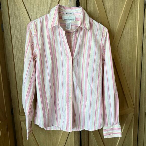 Jones New York Sport Stretch Long Sleeve Vneck Button Up Pink Striped Shirt SM - Picture 1 of 4